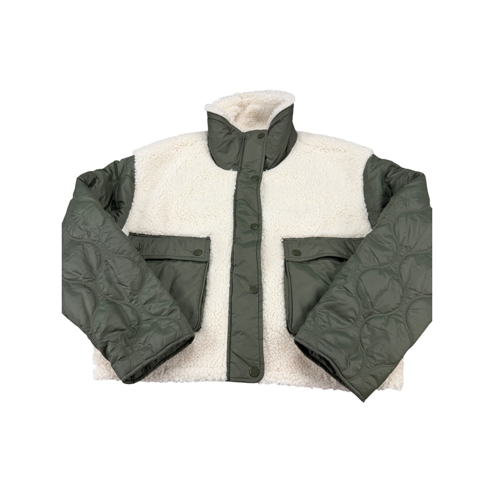 Athleta Womens L Sherpa Quilted Hybrid Jacket Olive Green Cream Full Zip Fleece